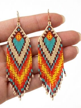 Native American Inspired Seed Bead Fringe Earrings 5.2” Long